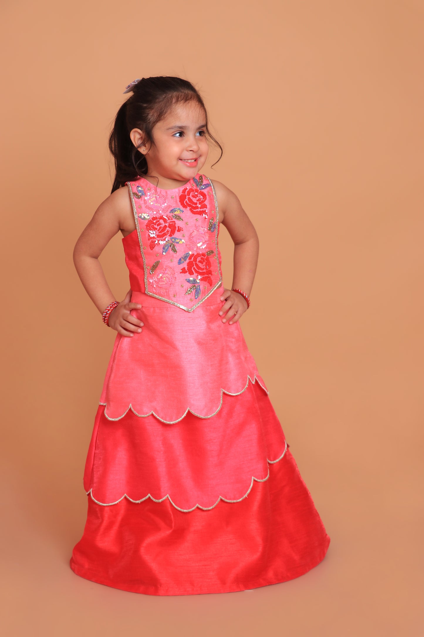 Hot Pink Embroidered Choli With Multicolor Layered Lehenga Set