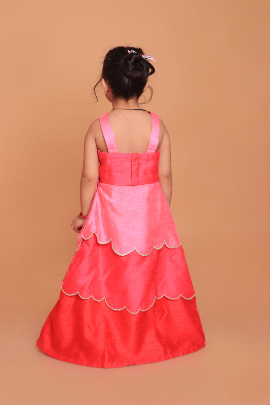 Hot Pink Embroidered Choli With Multicolor Layered Lehenga Set