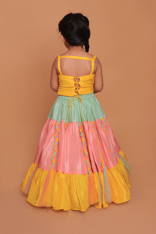 Yellow Embroidered Choli With Braided Mutlicolor Lehenga Set