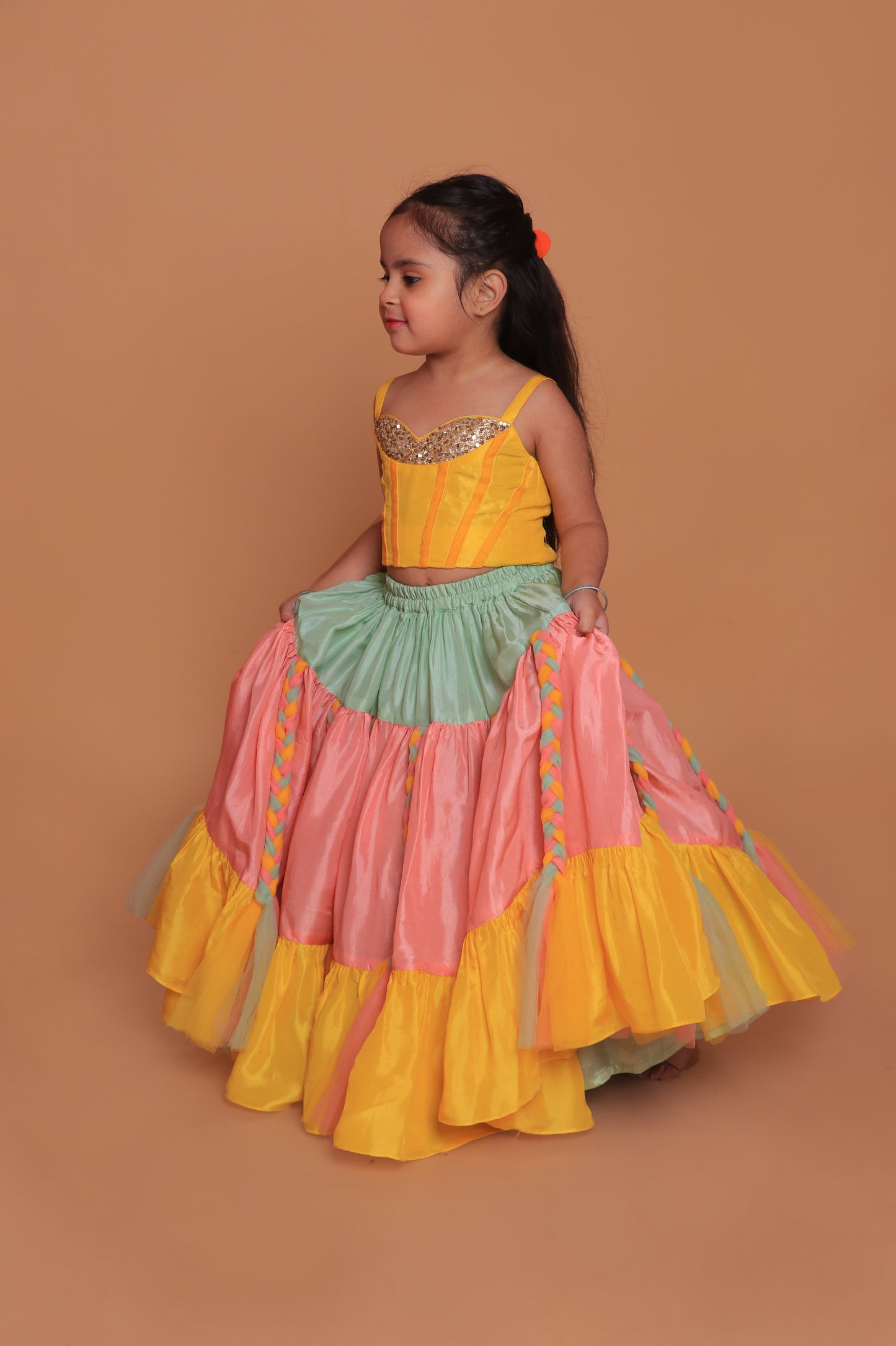 Yellow Embroidered Choli With Braided Mutlicolor Lehenga Set