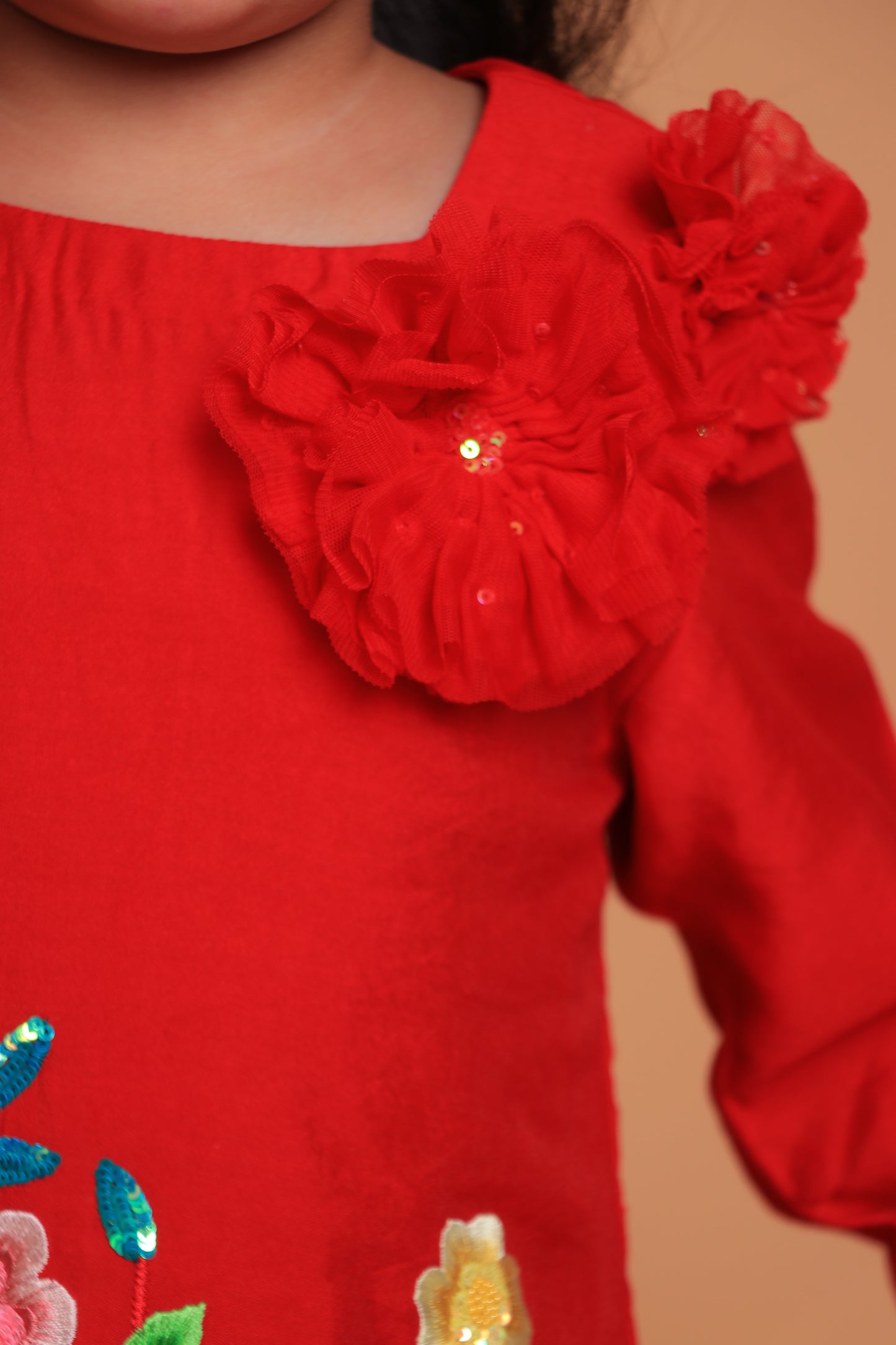 Red Embroidered Kurta With Layered Sharara And Dupatta Set