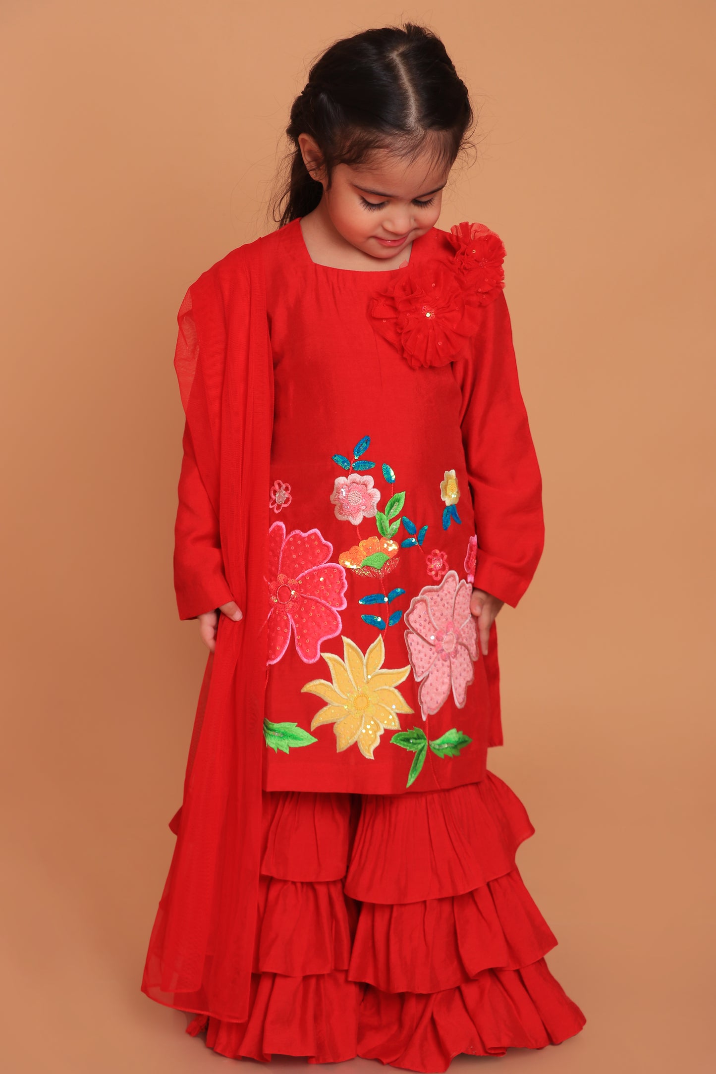 Red Embroidered Kurta With Layered Sharara And Dupatta Set