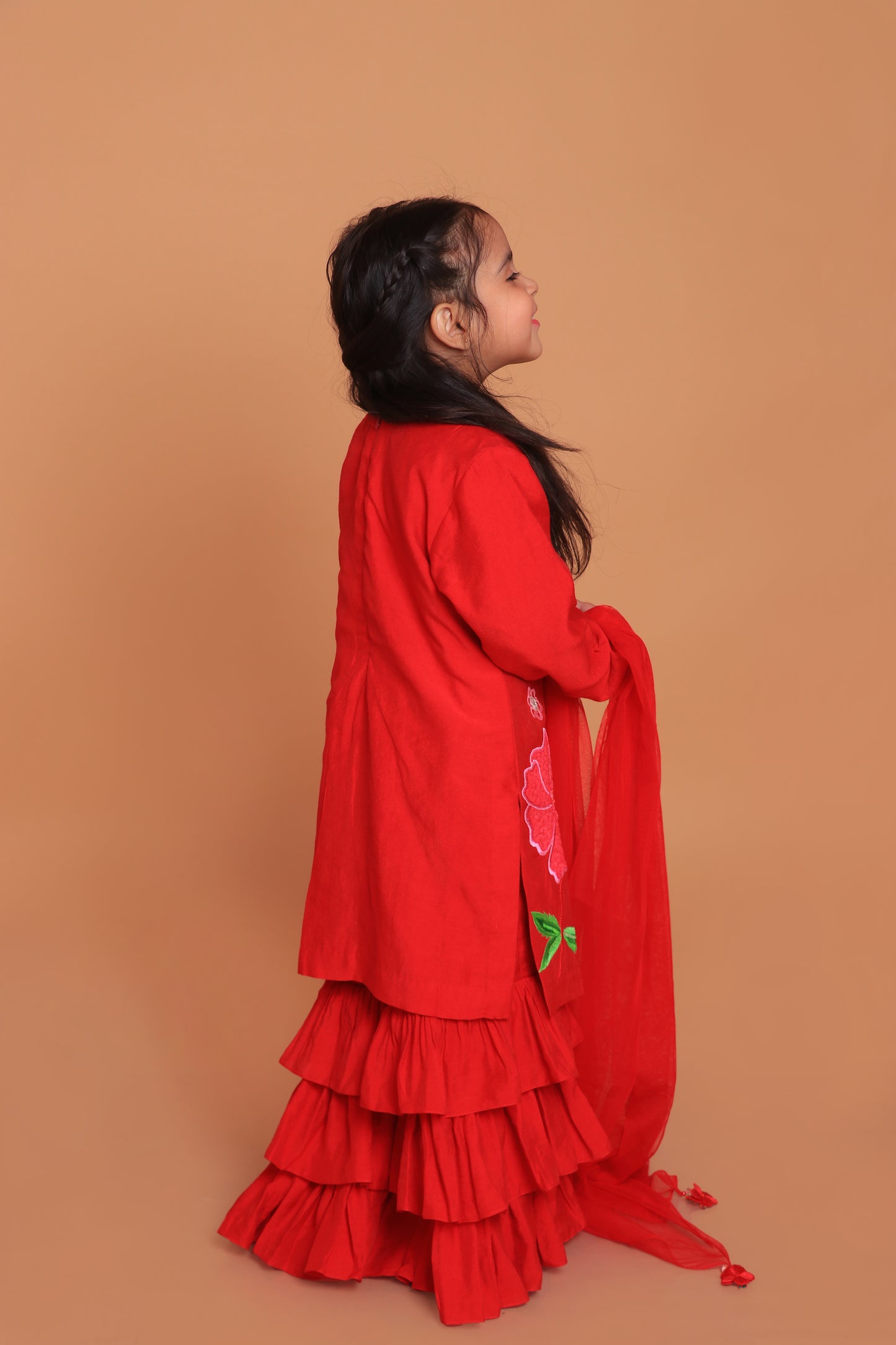 Red Embroidered Kurta With Layered Sharara And Dupatta Set