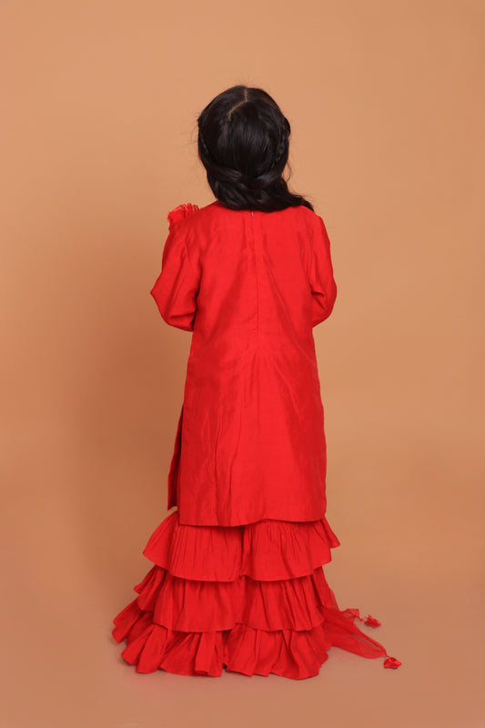 Red Embroidered Kurta With Layered Sharara And Dupatta Set