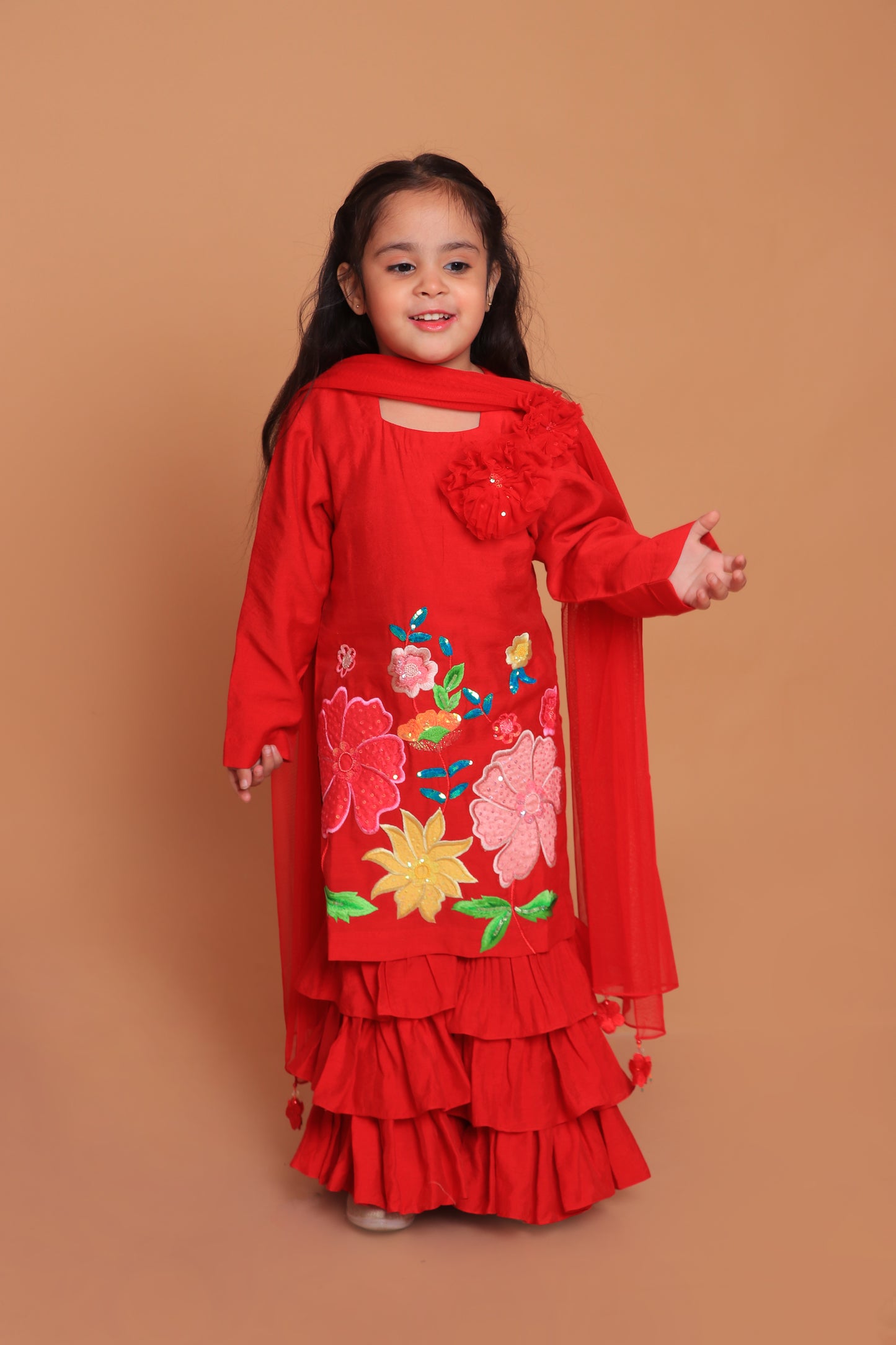 Red Embroidered Kurta With Layered Sharara And Dupatta Set