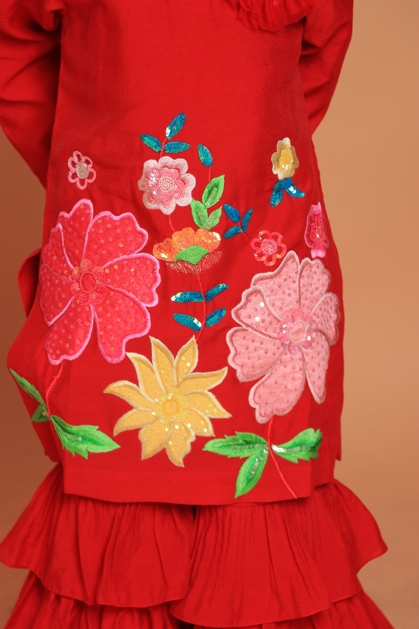 Red Embroidered Kurta With Layered Sharara And Dupatta Set