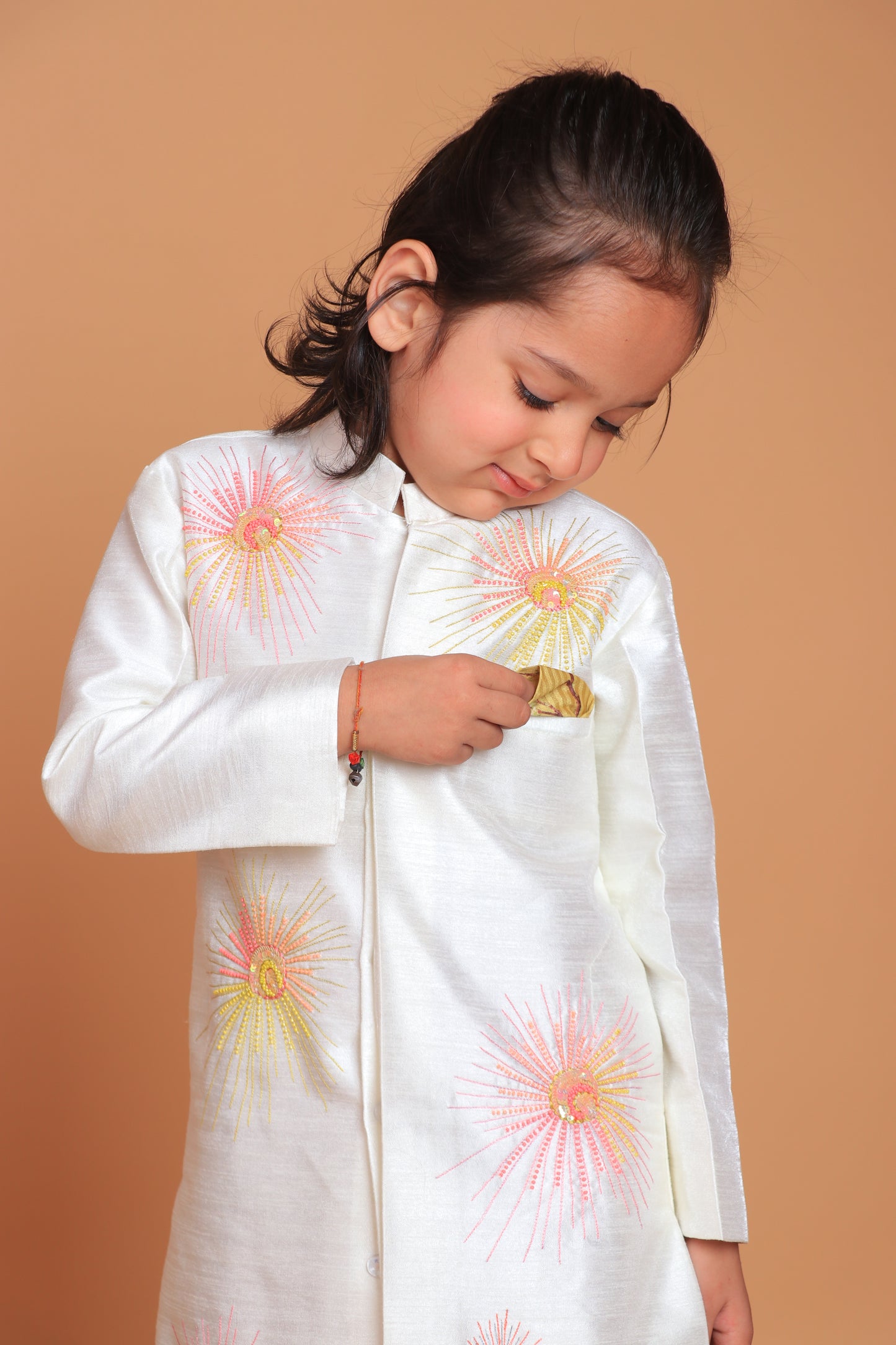 Off White Dupion Raw Silk Embroidered Sherwani With Pant Set