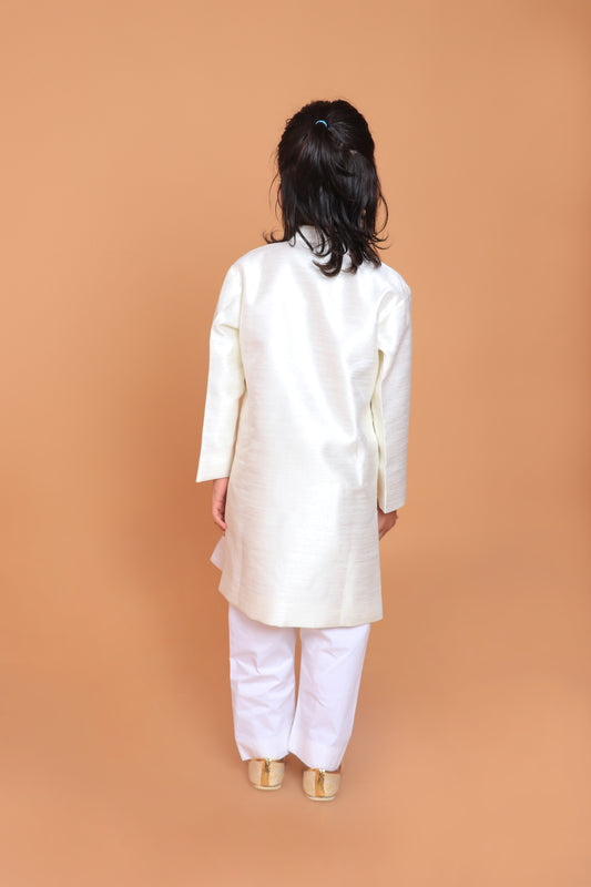 Off White Dupion Raw Silk Embroidered Sherwani With Pant Set