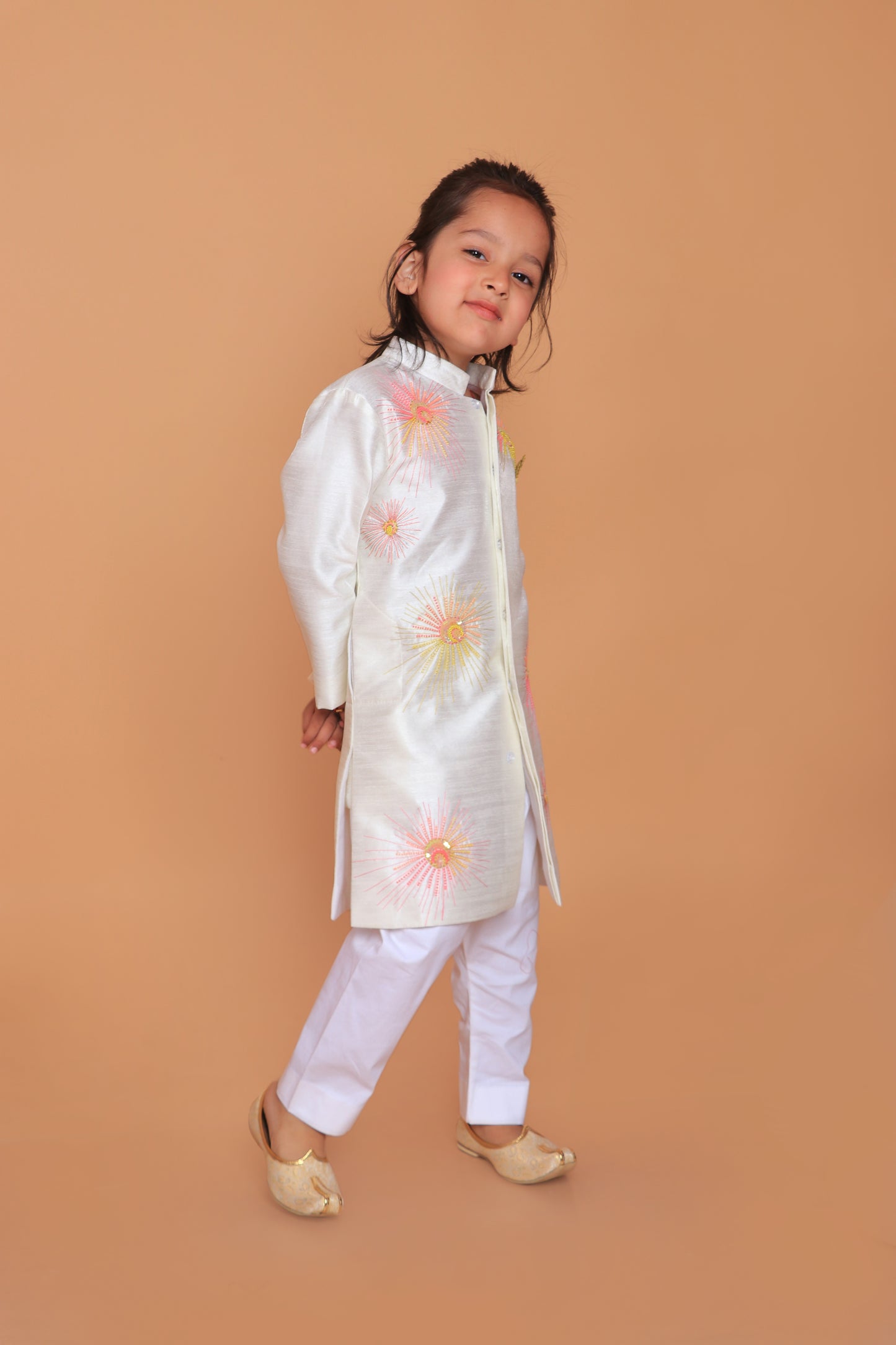 Off White Dupion Raw Silk Embroidered Sherwani With Pant Set
