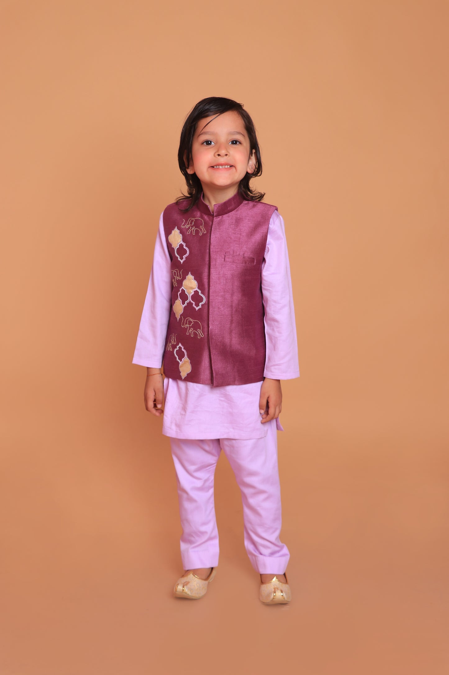 Purple Embroidered Dupion Raw Silk Jacket And Kurta With Pant Set