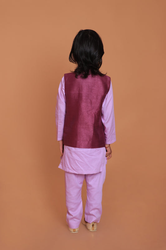 Purple Embroidered Dupion Raw Silk Jacket And Kurta With Pant Set