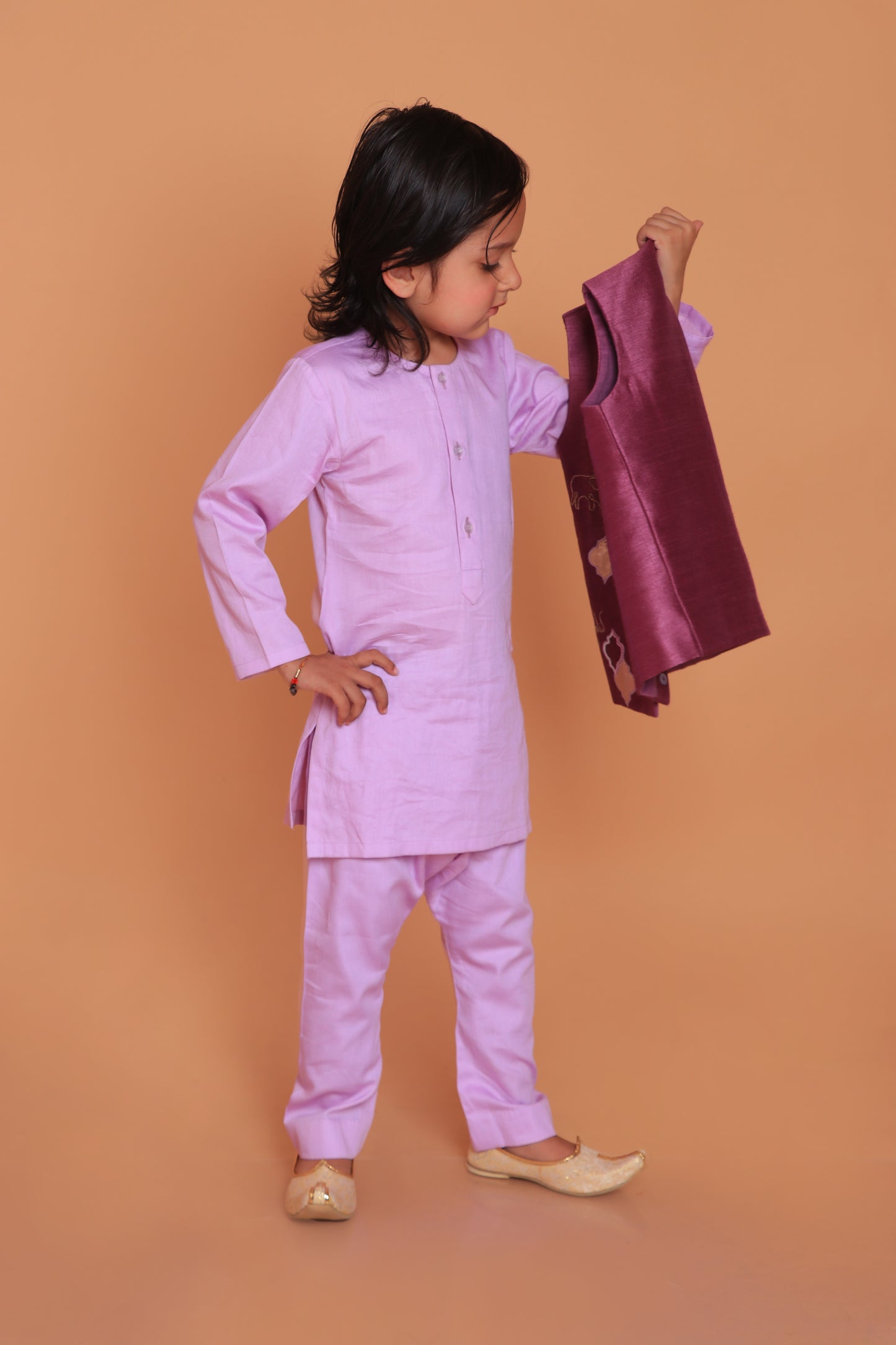 Purple Embroidered Dupion Raw Silk Jacket And Kurta With Pant Set