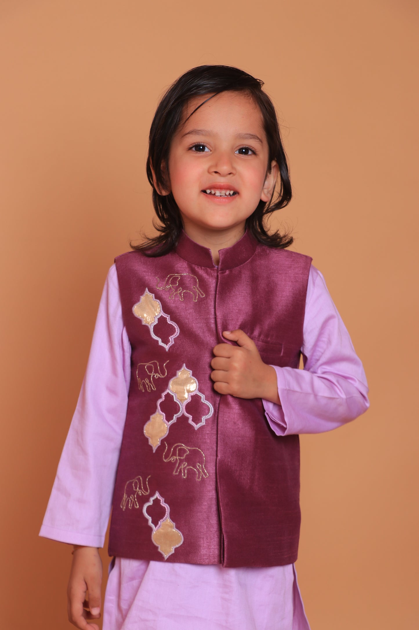 Purple Embroidered Dupion Raw Silk Jacket And Kurta With Pant Set