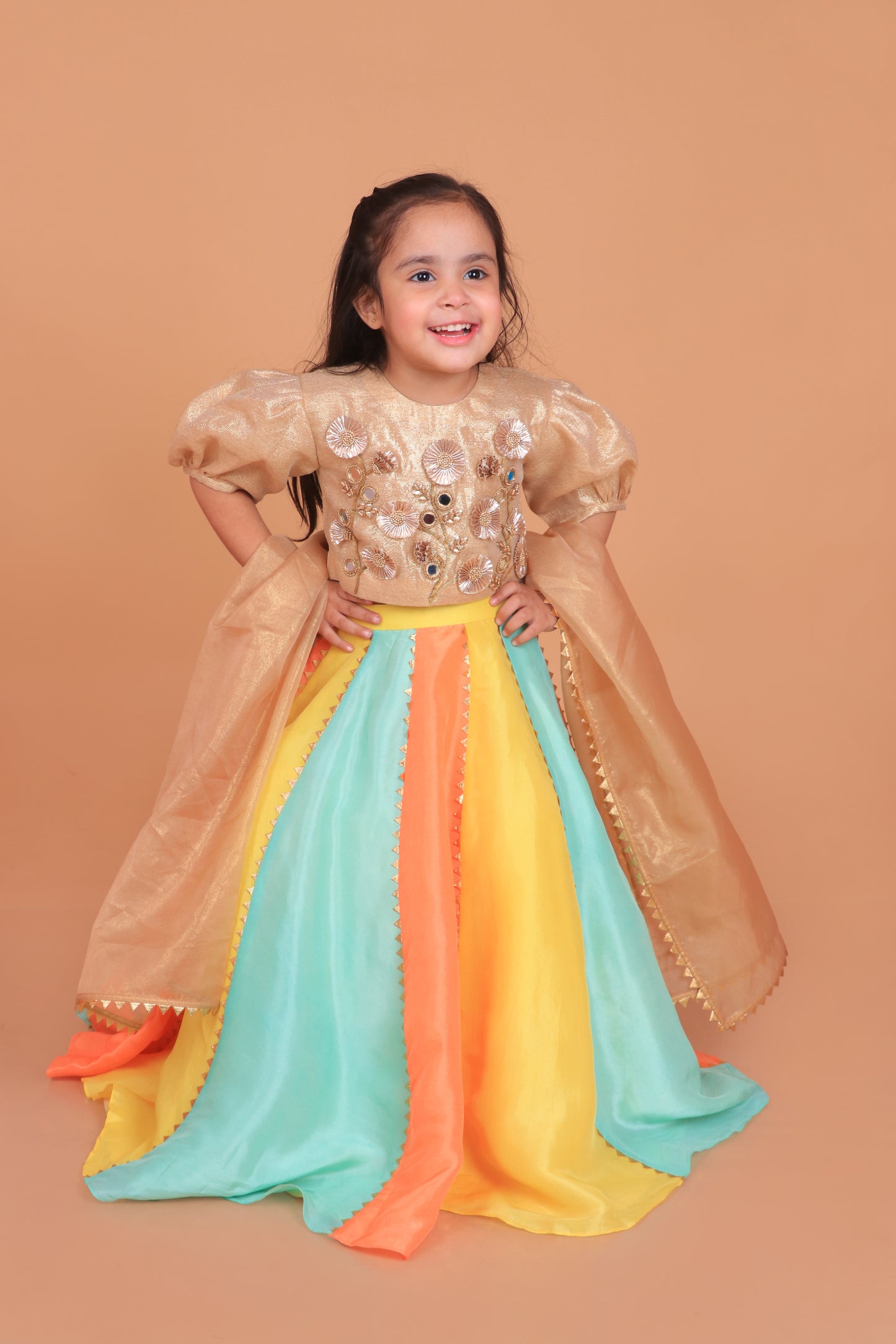 Multicolor Shimmer Gota And Mirror Embroidered Lehenga Choli With Dupatta Set