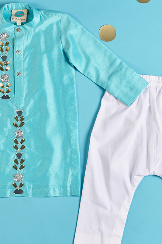 Blue Hand Embroidered Chanderi Kurta With Pyjama Set
