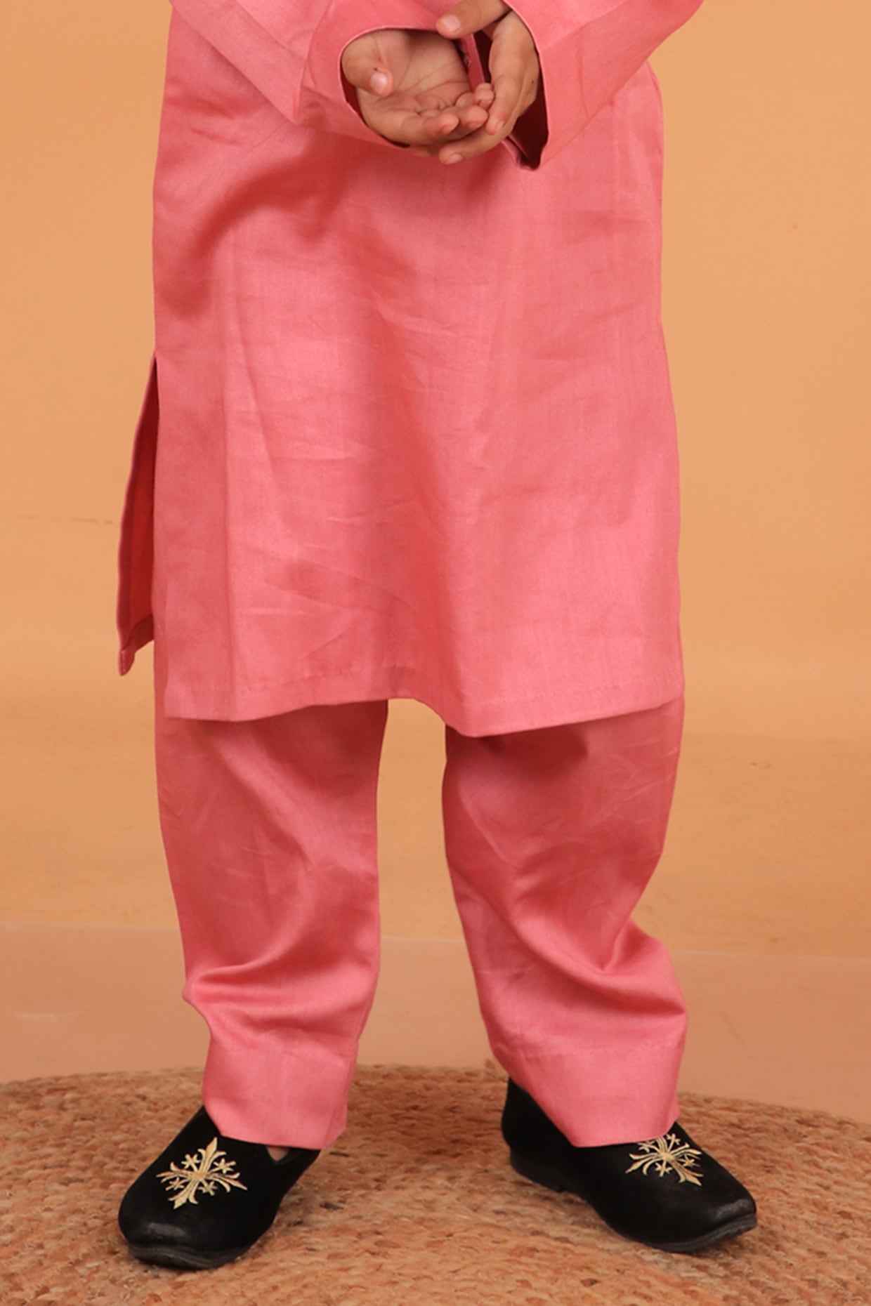 Pastel Pink Cotton Satin Embellished Kurta Set For Boys