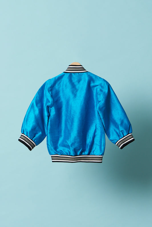 Blue snowman embroidered bomber jacket