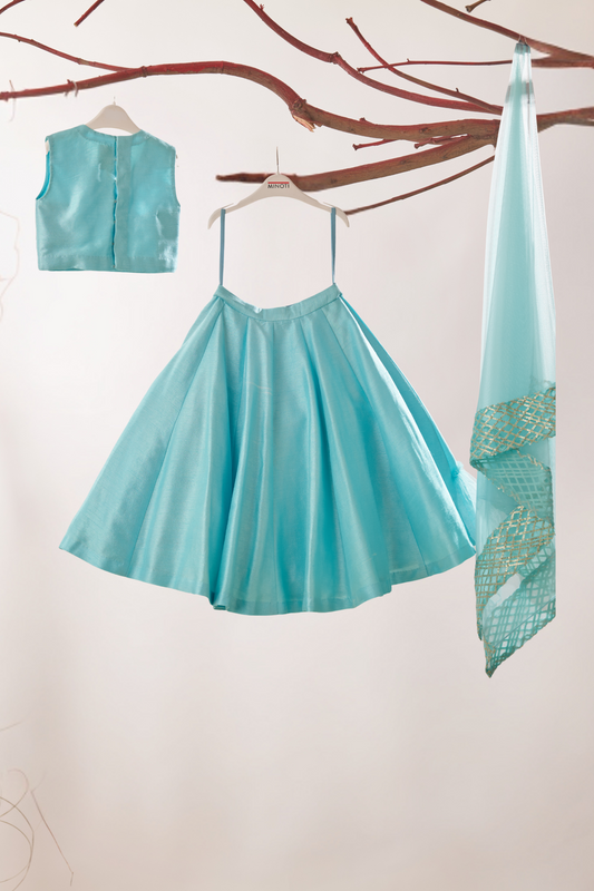 Blue Embroidered Silk Top With Frill Lehenga And Dupatta Set