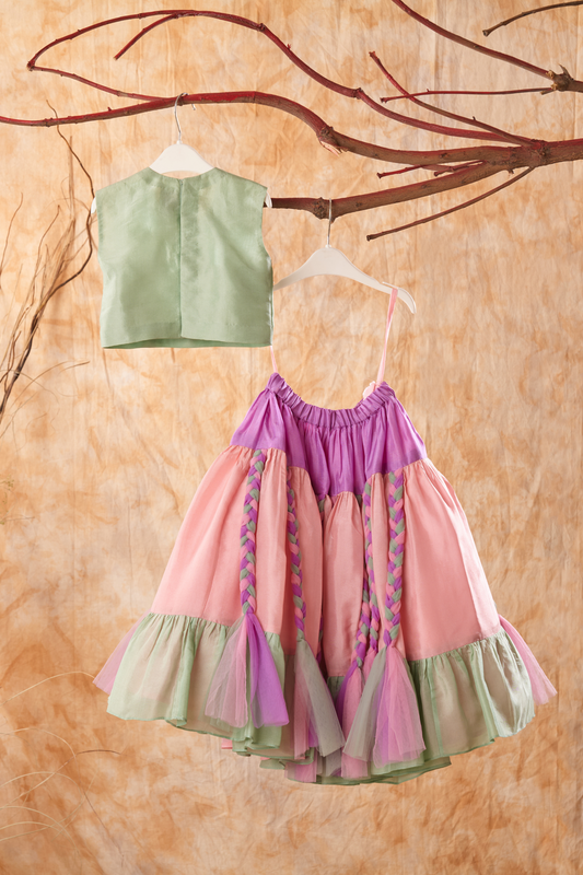 Sage Green Embroidered Top With Multicolor Braids Embroidered Lehenga Set