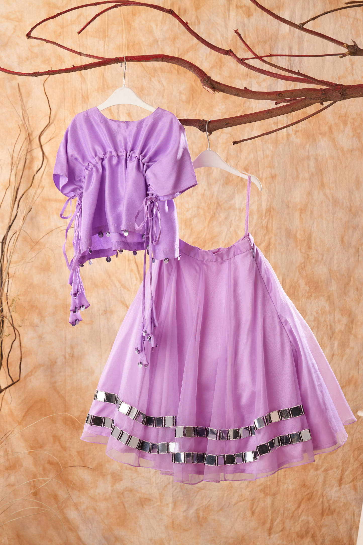 Lilac Kaftan Style Silk Top With Hand Embroidered Lehenga Set