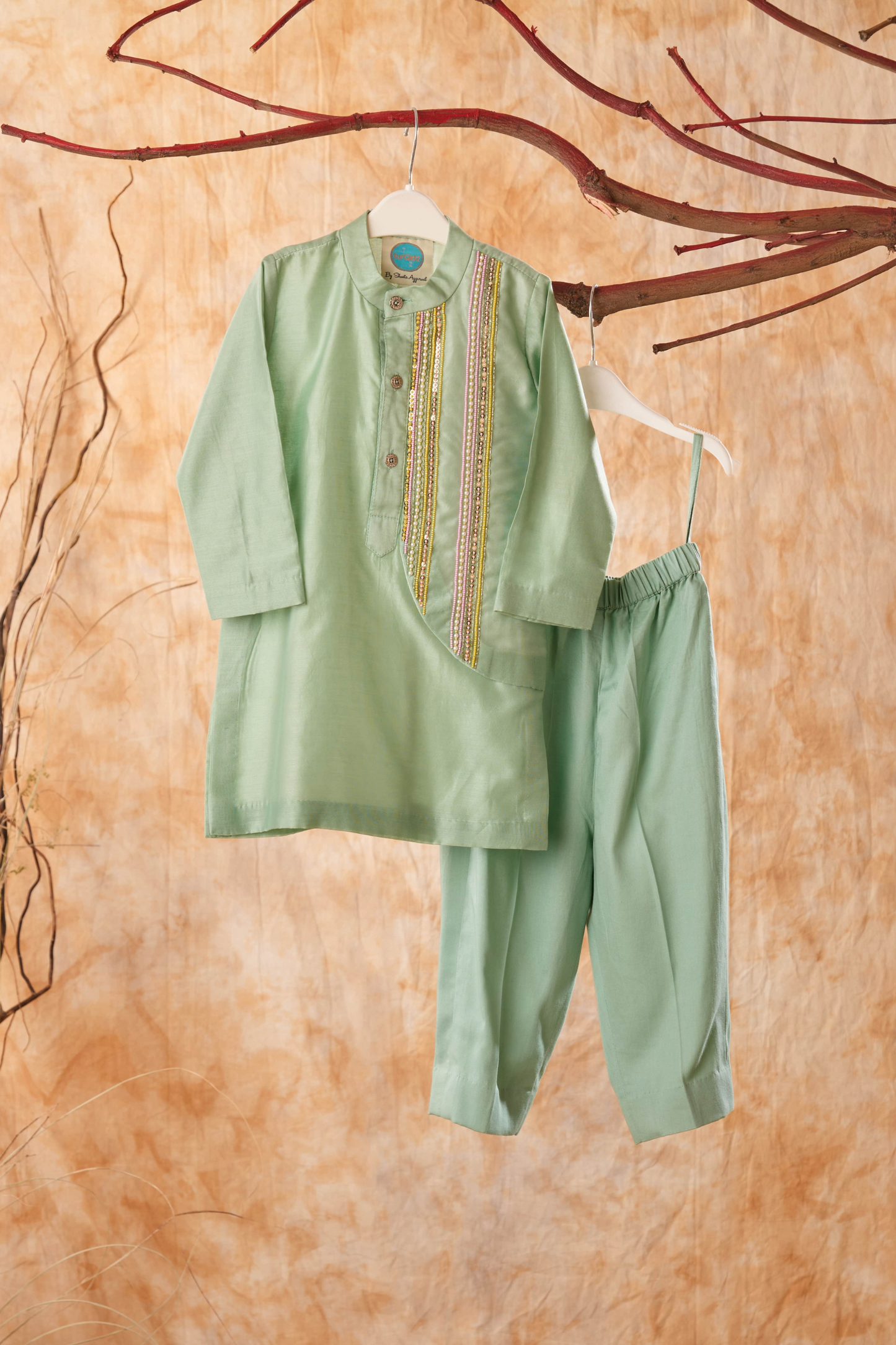 Sage Green Embroidered Chanderi Kurta With Pyjama Set