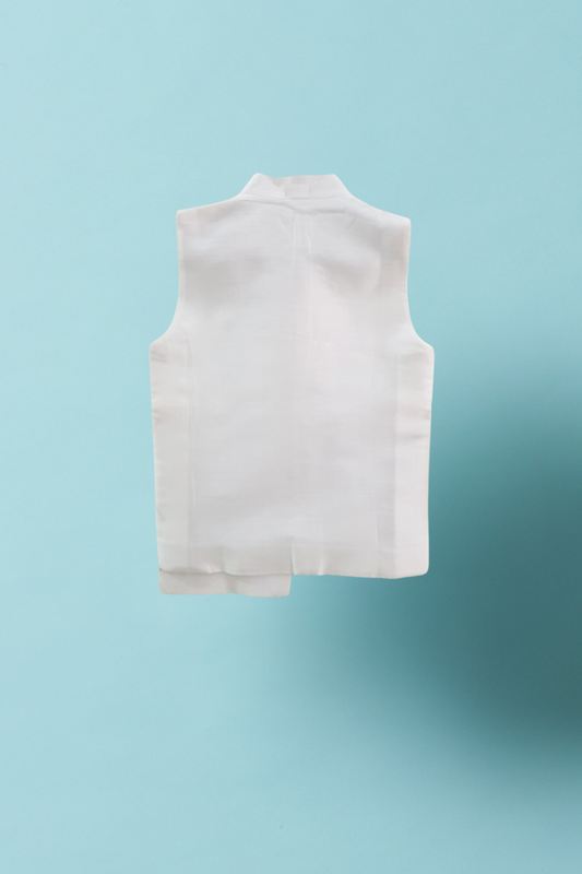 White Cotton Silk Embroidered Thread Work Airplane Waistcoat