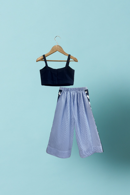 Blue Rayon Embroidered Floral Top And Flared Pant Set