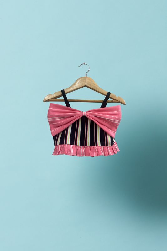 Black and pink Cotton Rayon Bow Crop Top And Skirt Set
