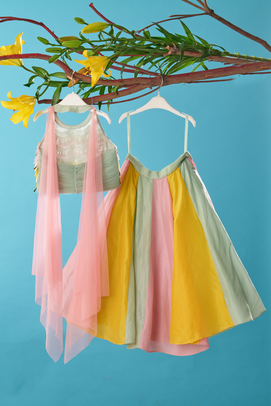 Multi-colored Embroidered lehenga set with attached dupatta