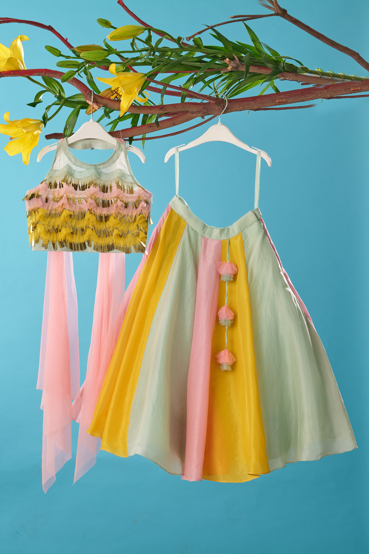 Multi-colored Embroidered lehenga set with attached dupatta
