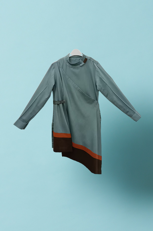 Teal blue draped kurta with brown pyjama set