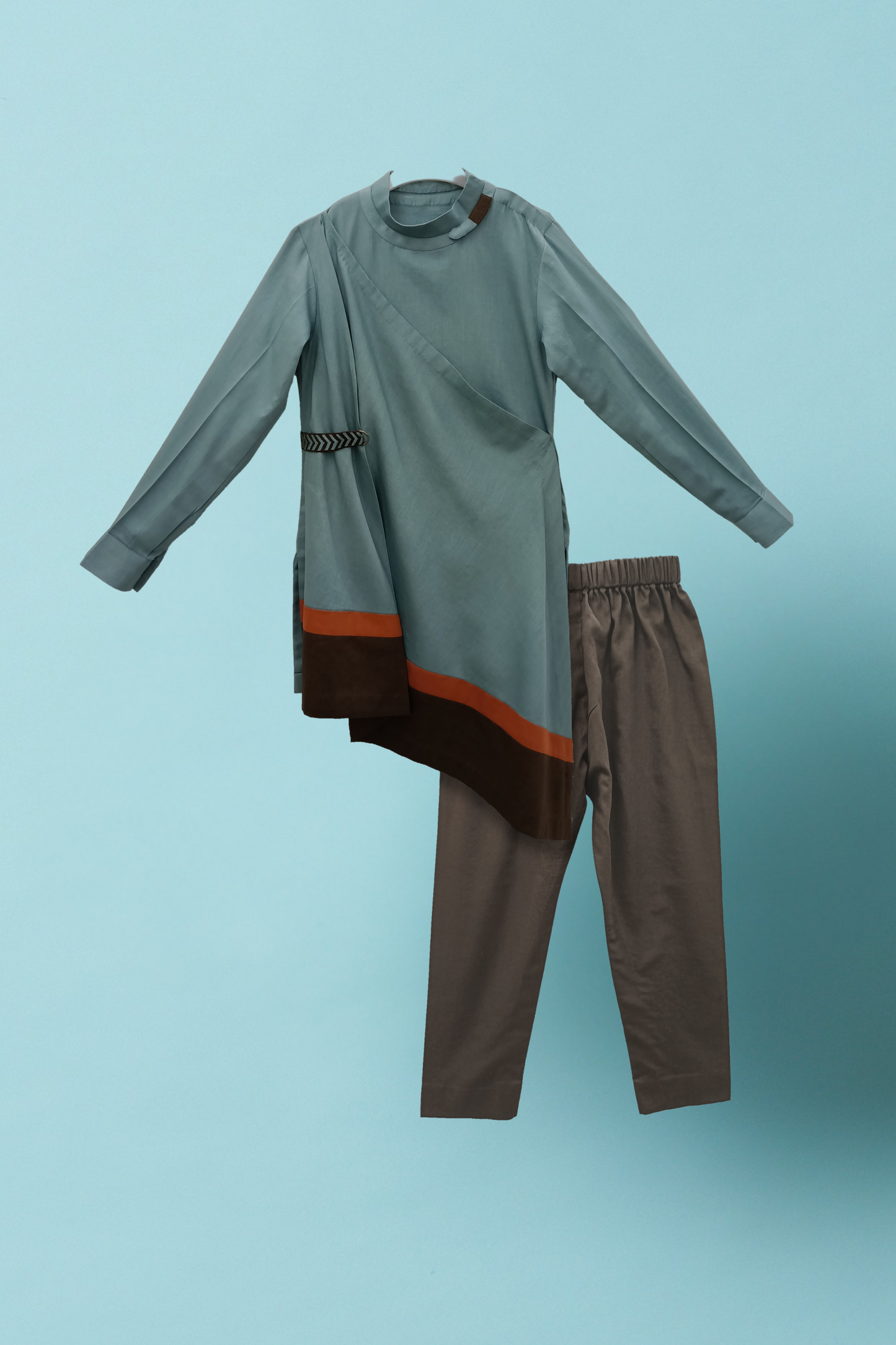 Teal blue draped kurta with brown pyjama set