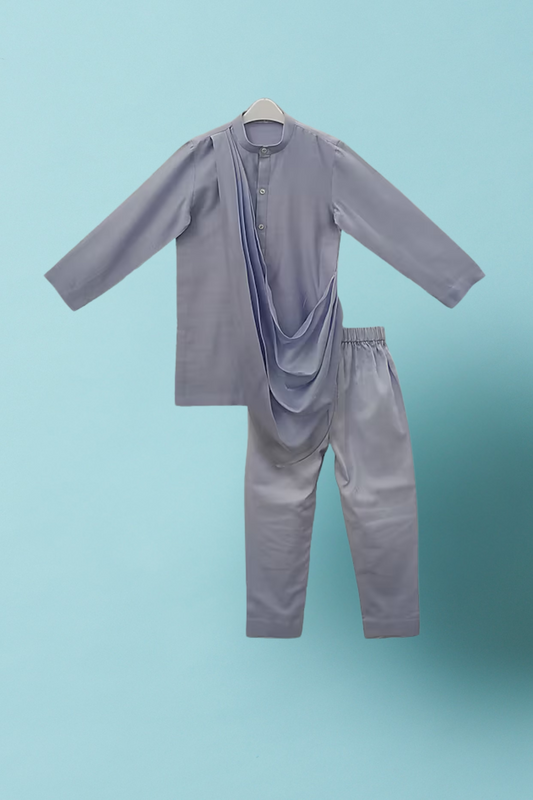 Lavender blue jacket with draped kurta and pyjama