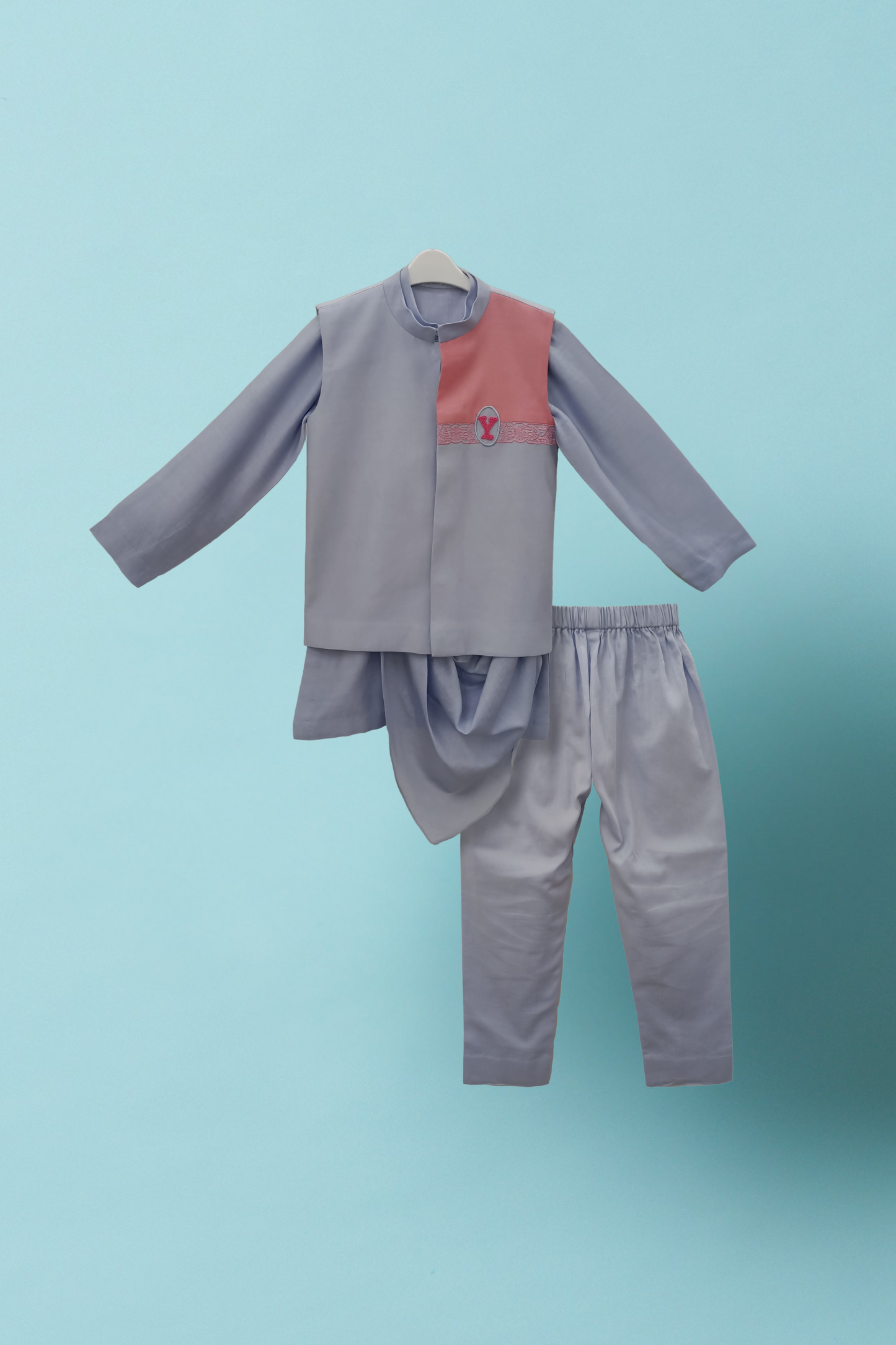 Lavender blue jacket with draped kurta and pyjama