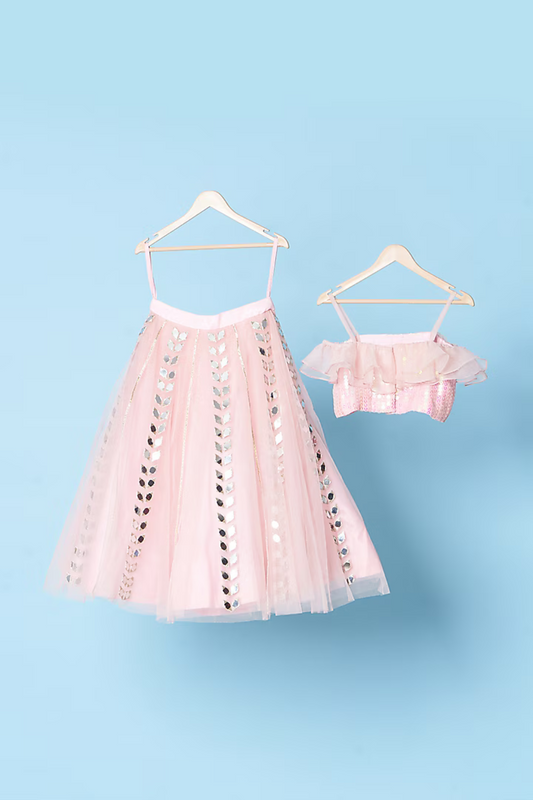 Pink Sequins Embroidered Off Shoulder Top With Lehenga Set