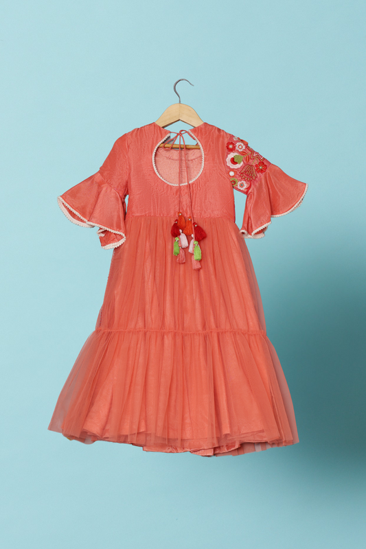 Peach Thread Embroidered Attached Jacket Gown