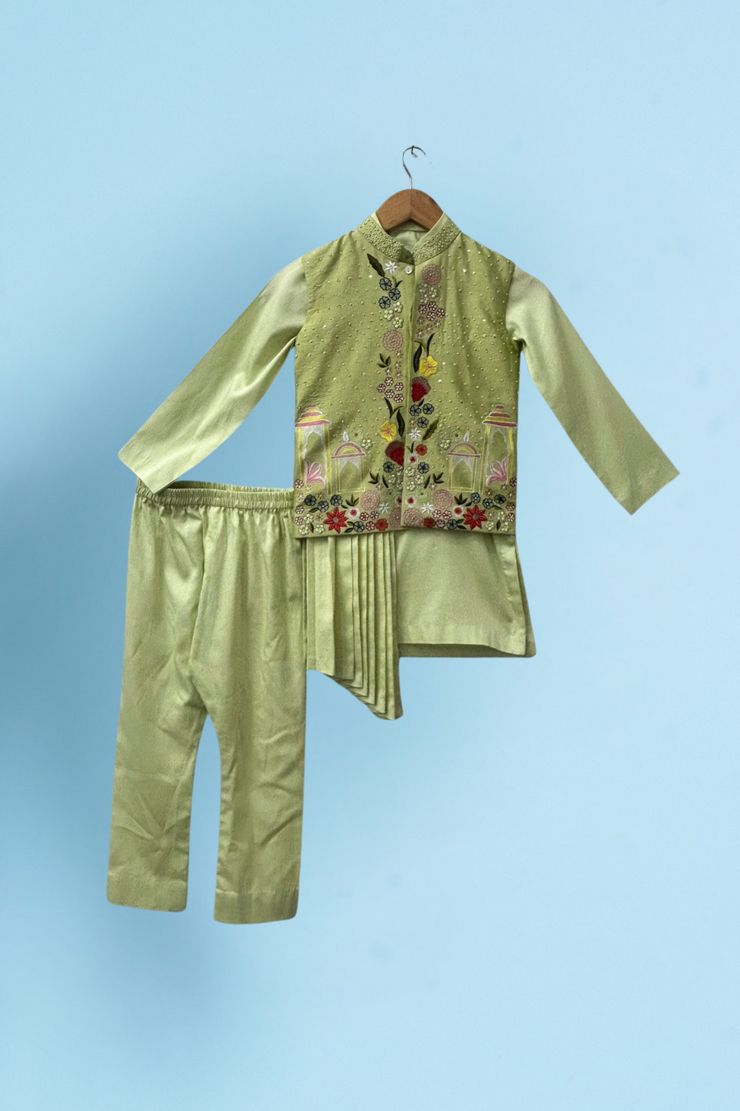 Pista Green Cotton Satin Embroidered Nehru Jacket And Kurta With Pant Set