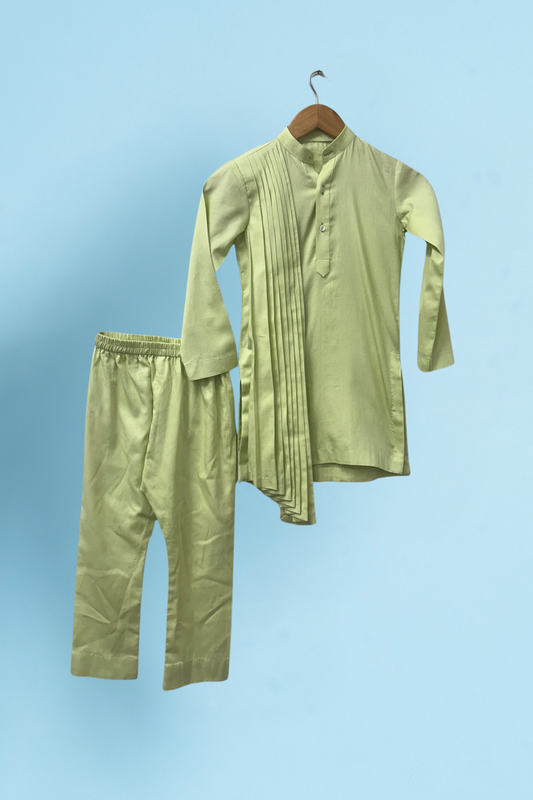 Pista Green Cotton Satin Embroidered Nehru Jacket And Kurta With Pant Set