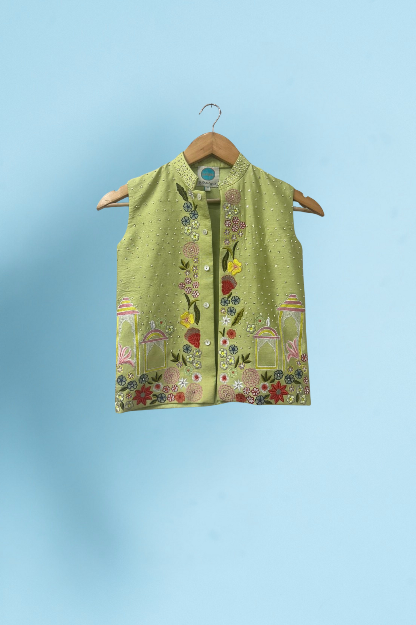 Pista Green Cotton Satin Embroidered Nehru Jacket And Kurta With Pant Set