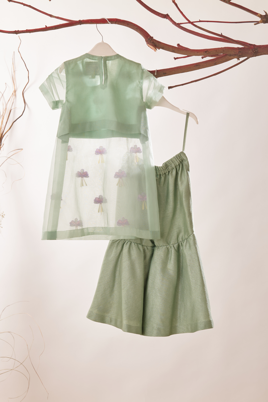Sage Green Hand Embroidered Organza Kurta With Sharara Set