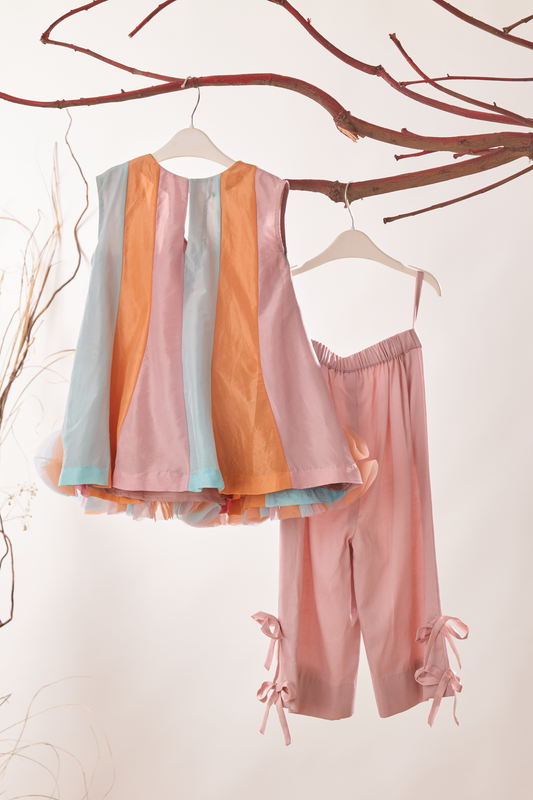 Multicolor Detailing Silk Top With Bow Detailing Pant Set