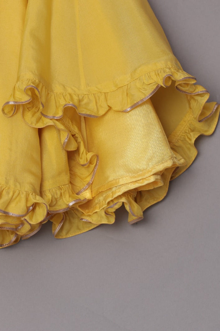 Yellow Crop Top With Mirror Work Tie Up Jacket And Palazzo With Embroidered Waist Pouch