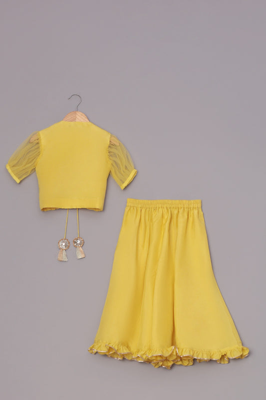 Yellow Crop Top With Mirror Work Tie Up Jacket And Palazzo With Embroidered Waist Pouch