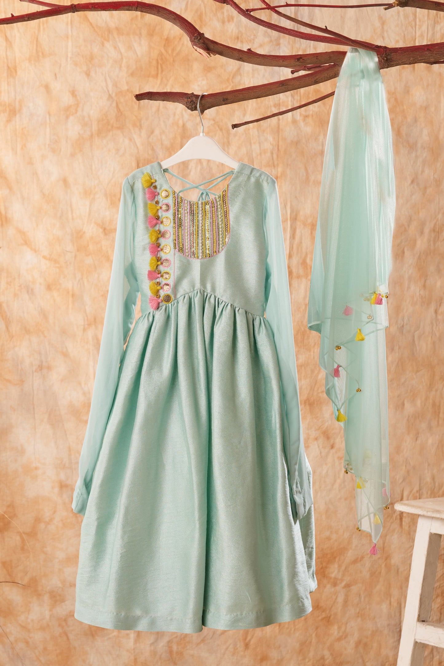 Sage Green Embroidered And Handmade Tassels Detailing Anarkali With Dupatta