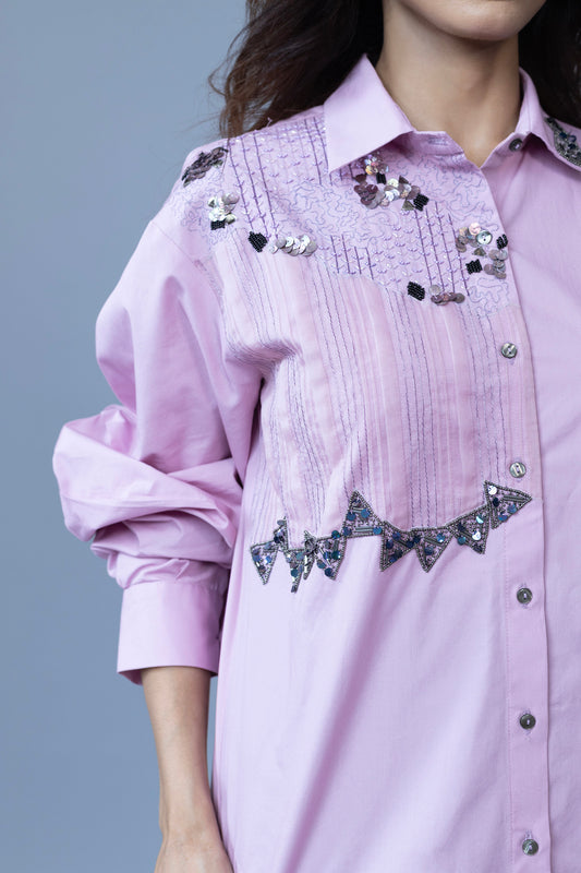 LILAC COLORED GEOMATRICAL METALIC EMBROIDERED SHIRT