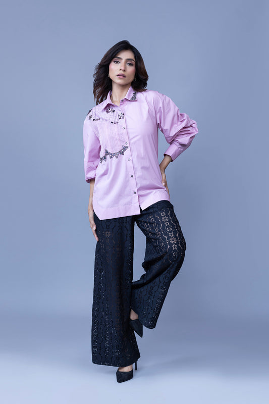 LILAC COLORED GEOMATRICAL METALIC EMBROIDERED SHIRT