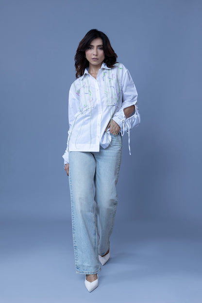 WHITE COLOR SHIRT WITH MULTI COLOR THREAD PATHCH