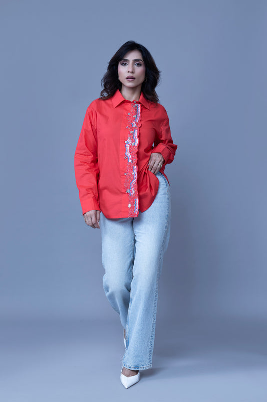 CORAL COLORED MULTI COLOR EMBROIDERED SHIRT