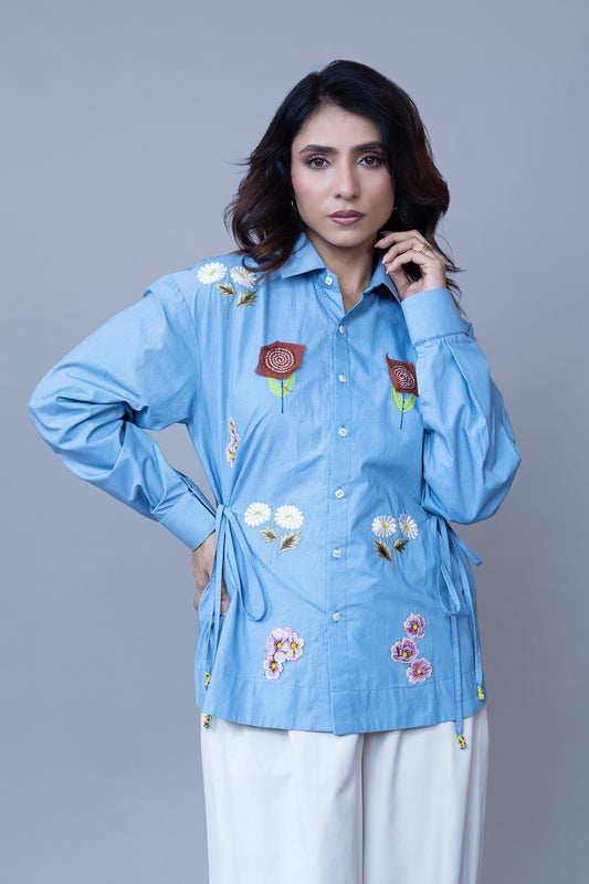 ICE BLUE COLOR SHIRT WITH BEAUTIFUL FLORAL EMBROIDERY