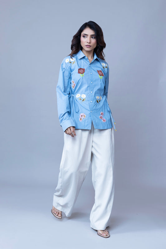 ICE BLUE COLOR SHIRT WITH BEAUTIFUL FLORAL EMBROIDERY